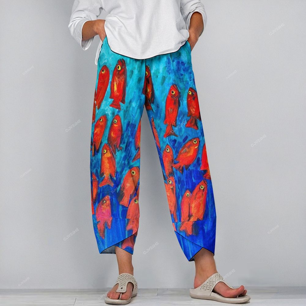 Women's Casual Red Fish Printed Pants
