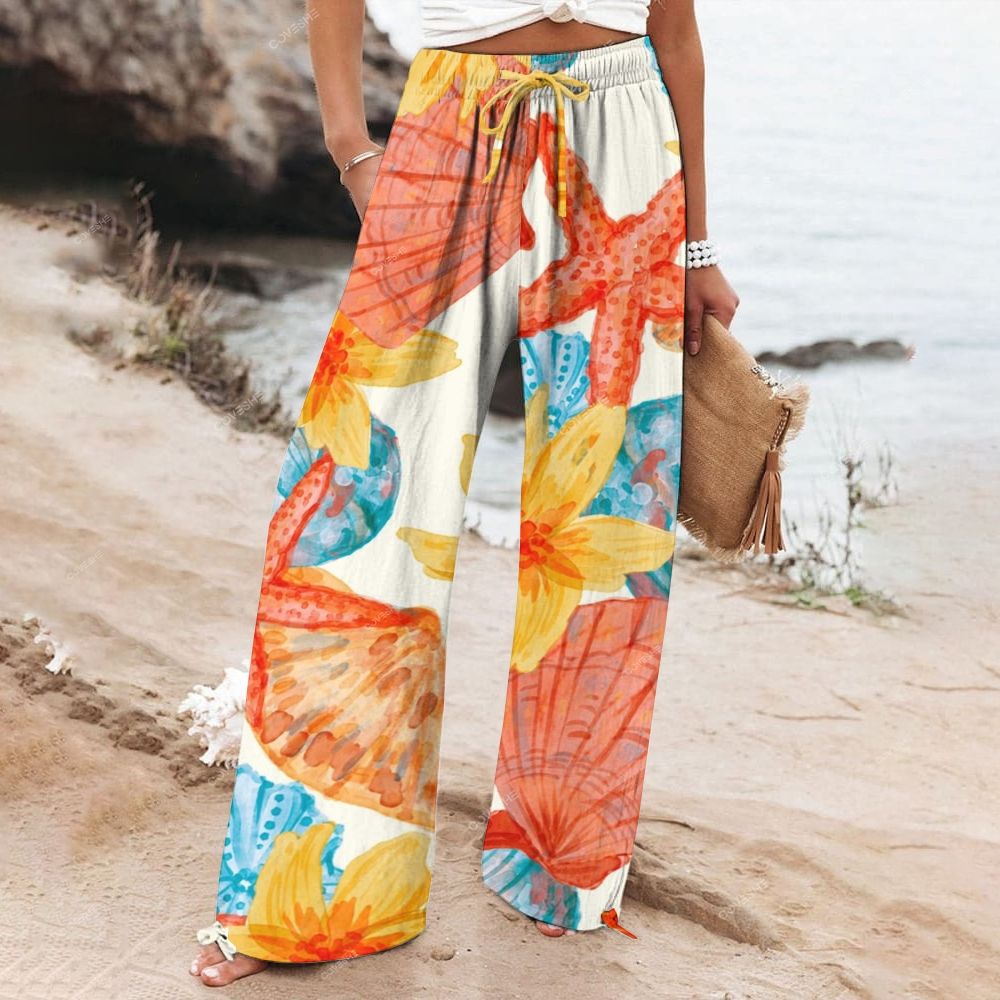 Women's Wide Leg Casual Starfish Shell Printed Pants