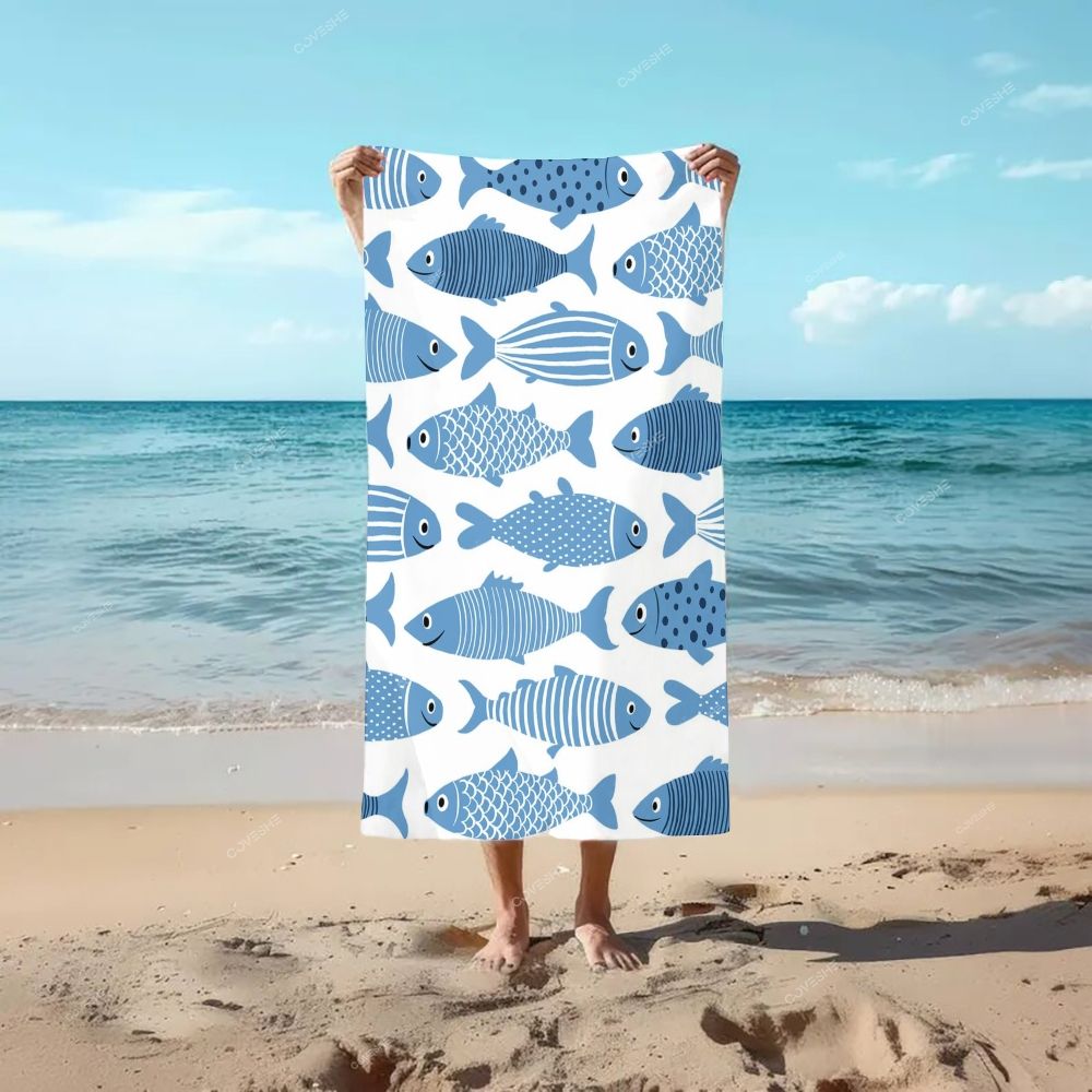 Blue Striped Fish Casual Printed Beach Towel