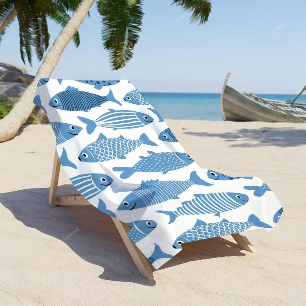 Blue Striped Fish Casual Printed Beach Towel