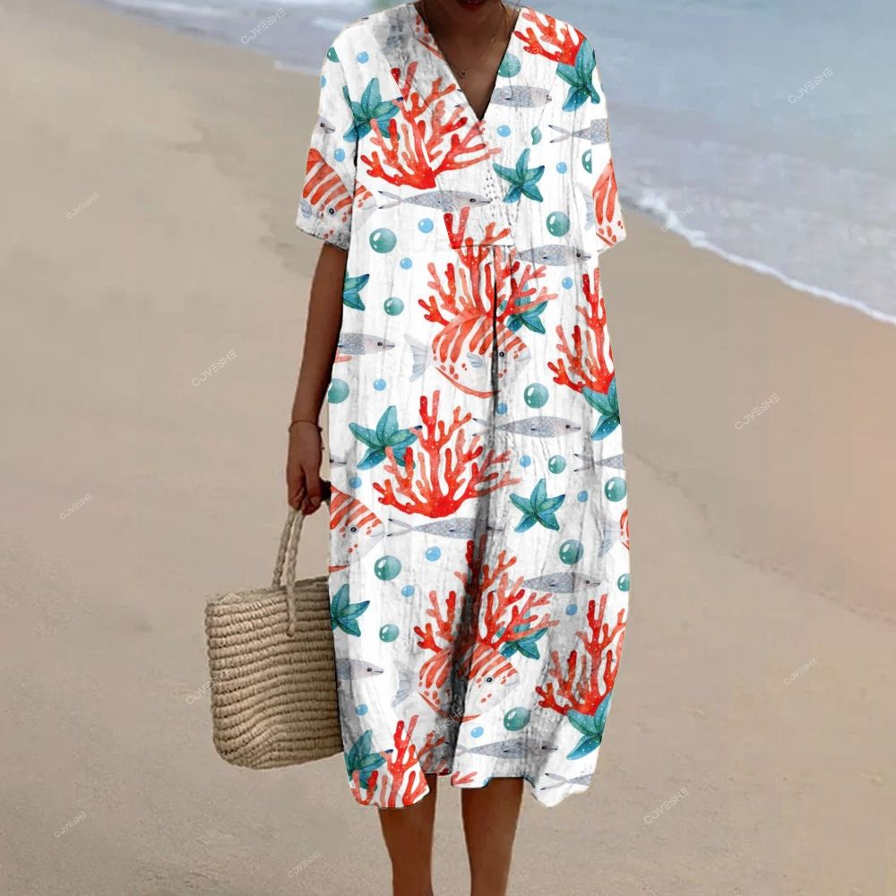 Women's Coral Fish Printed Flowy Dress