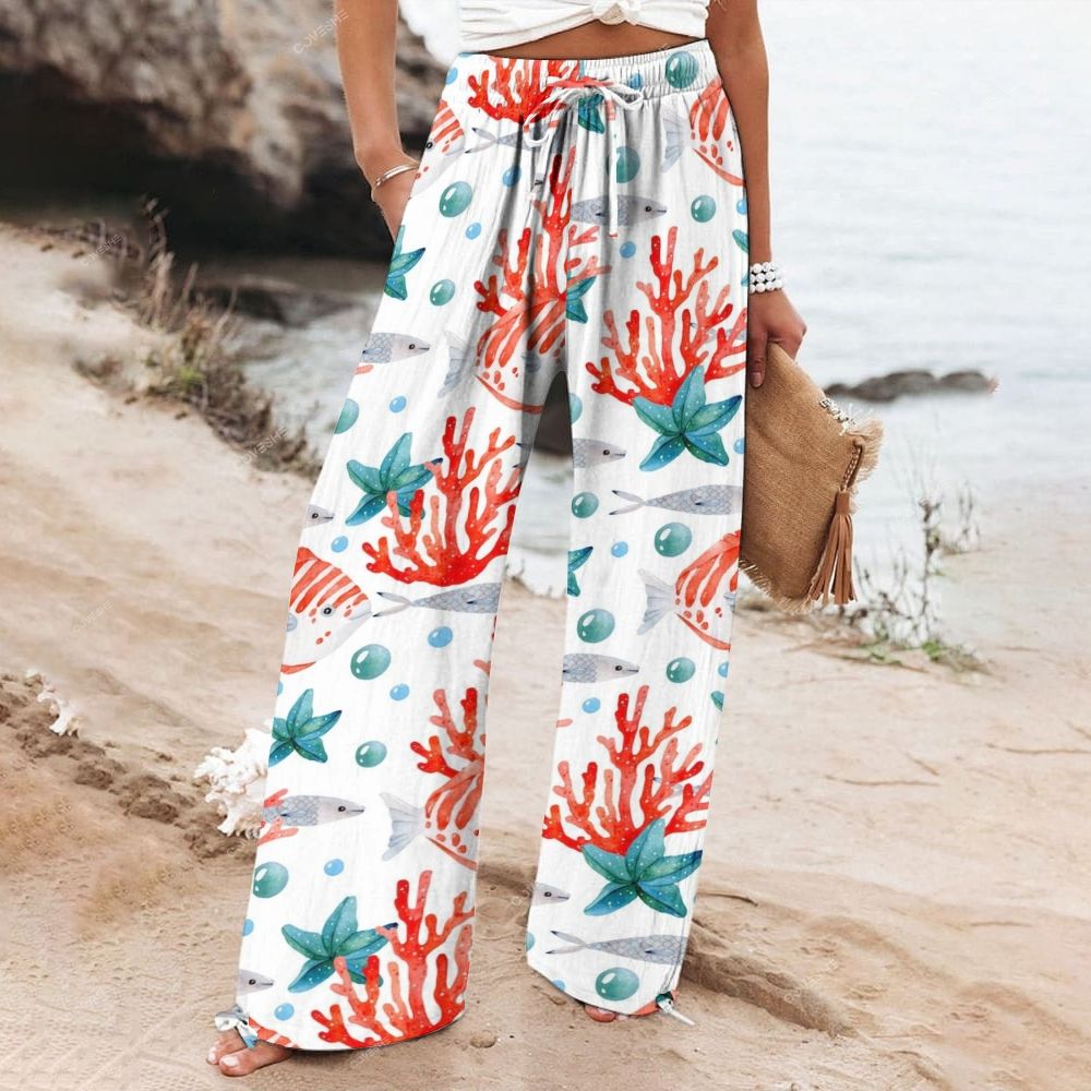 Women's Wide Leg Casual Coral Fish Printed Pants