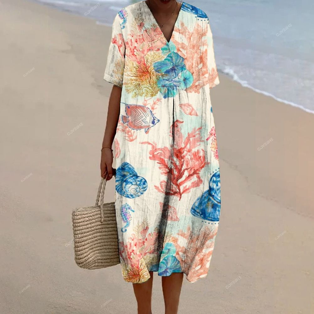 Women's Coral Shell Printed Flowy Dress