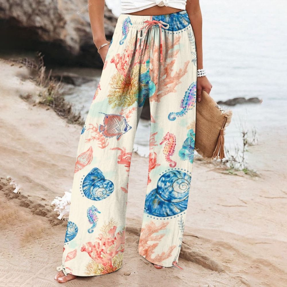 Women's Wide Leg Casual Coral Shell Printed Pants