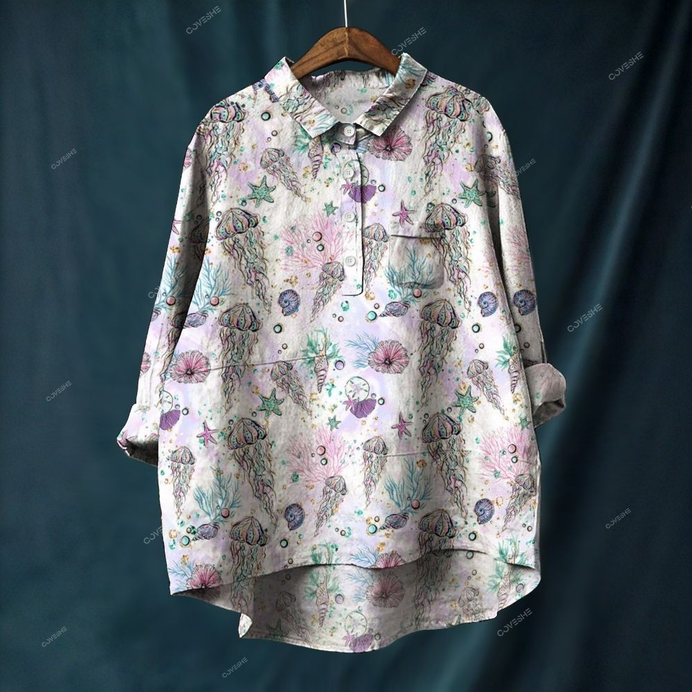 Women's Colorful Jellyfish Shells Printed Casual Long Sleeve Shirt