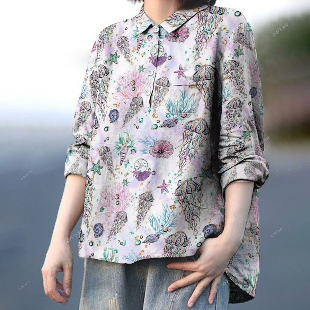 Women's Colorful Jellyfish Shells Printed Casual Long Sleeve Shirt