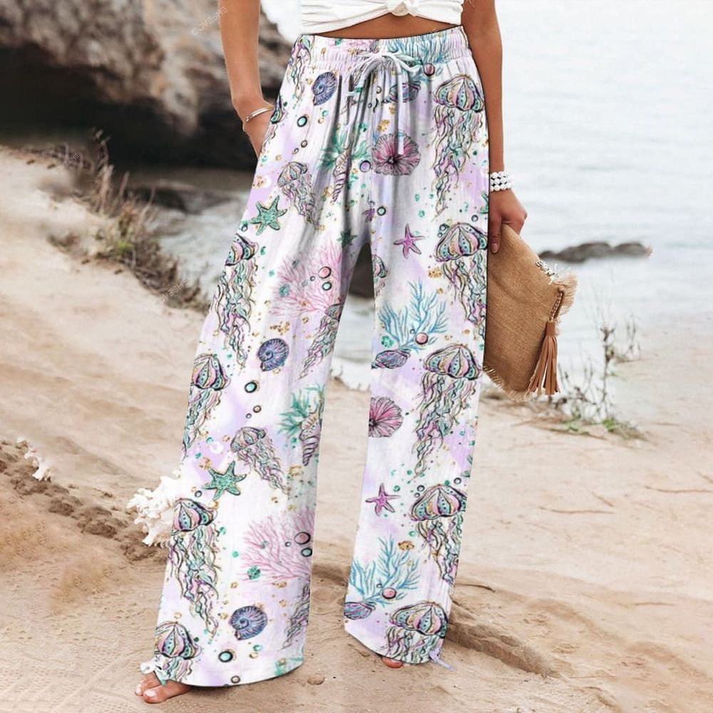 Women's Wide Leg Casual Colorful Jellyfish Shells Printed Pants