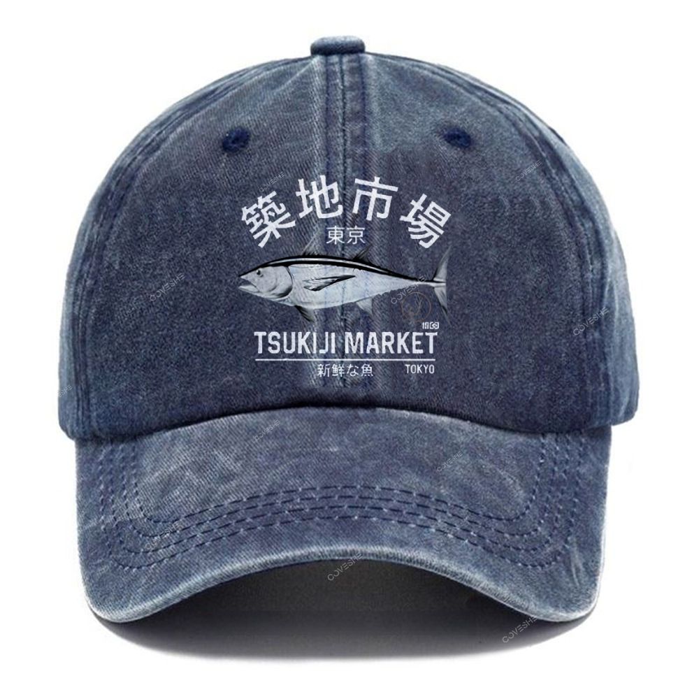 Unisex Vintage Tsukiji Market Fish Casual Washed Cap