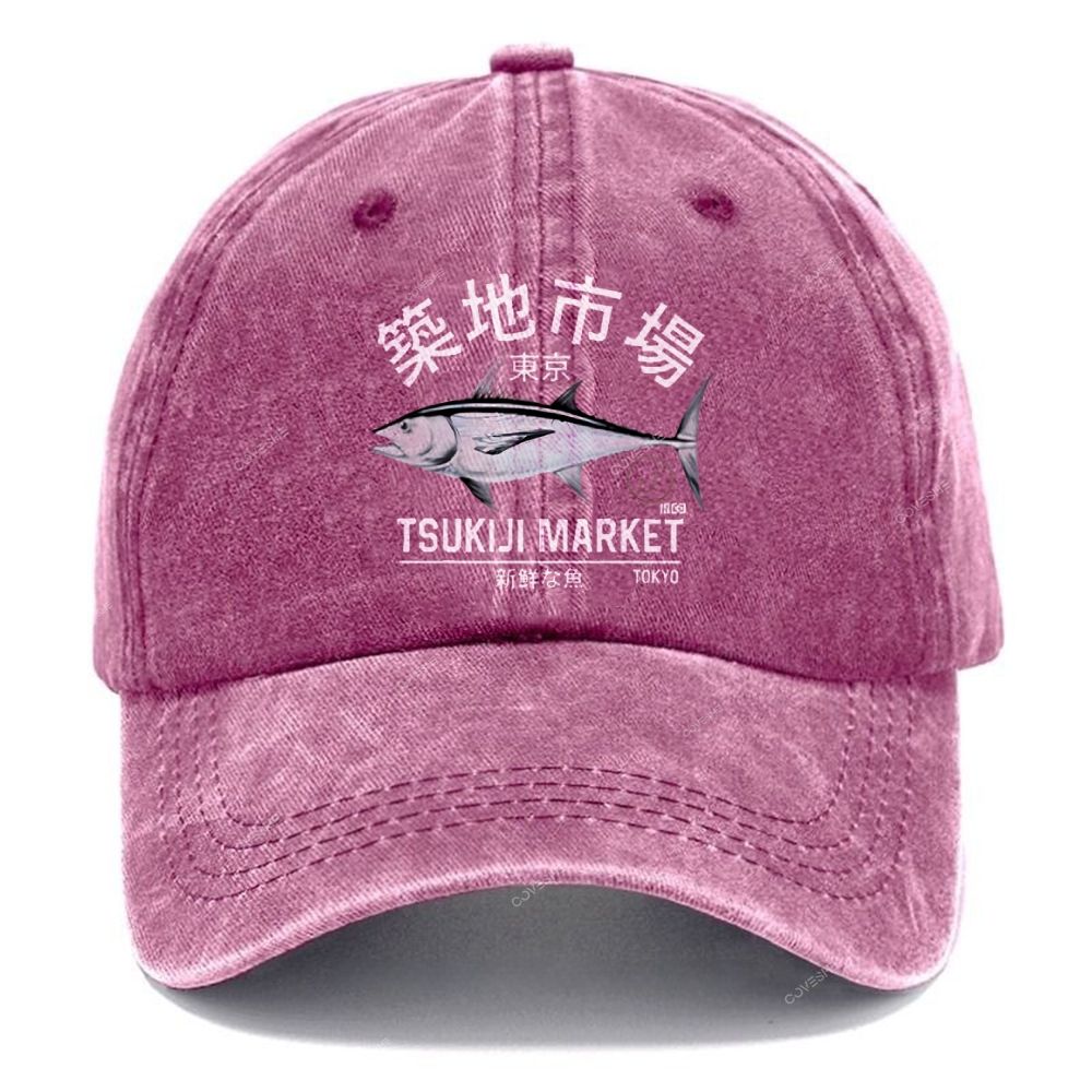 Unisex Vintage Tsukiji Market Fish Casual Washed Cap
