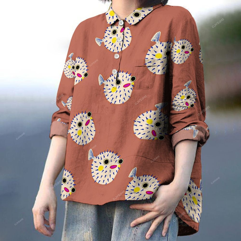 Women's Art Abstract Moonfish Printed Casual Long Sleeve Shirt