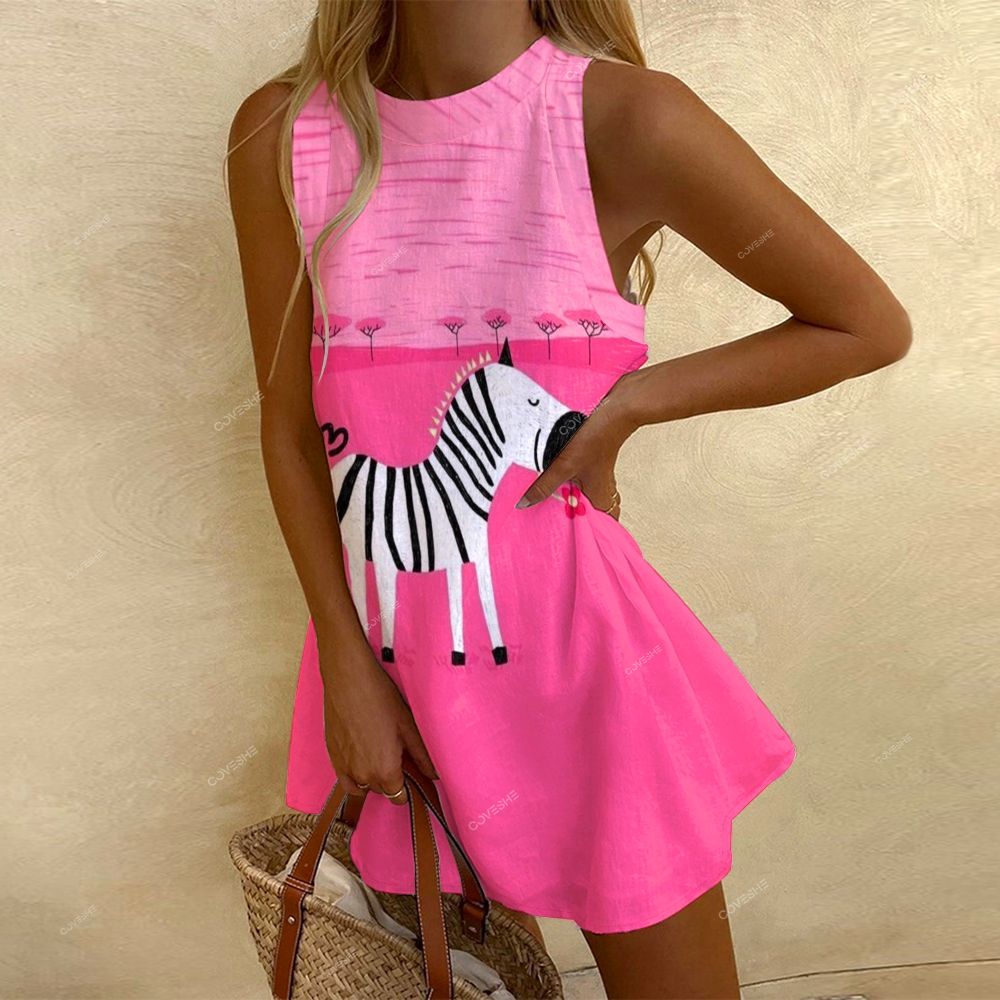 Women's Sleeveless Pink Zebra Printed Dress