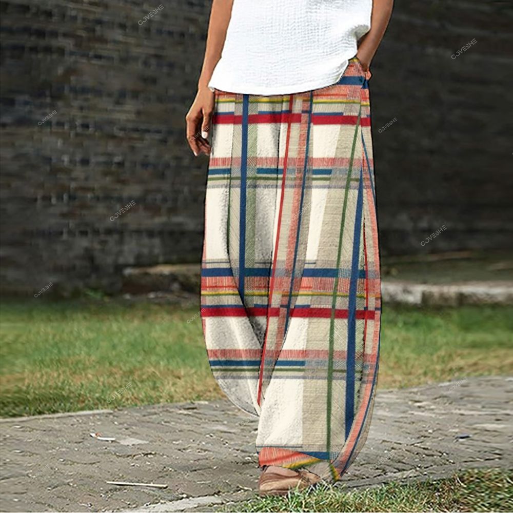 Women's Casual Vintage Geometric Lattice Printed Wide Leg Pants