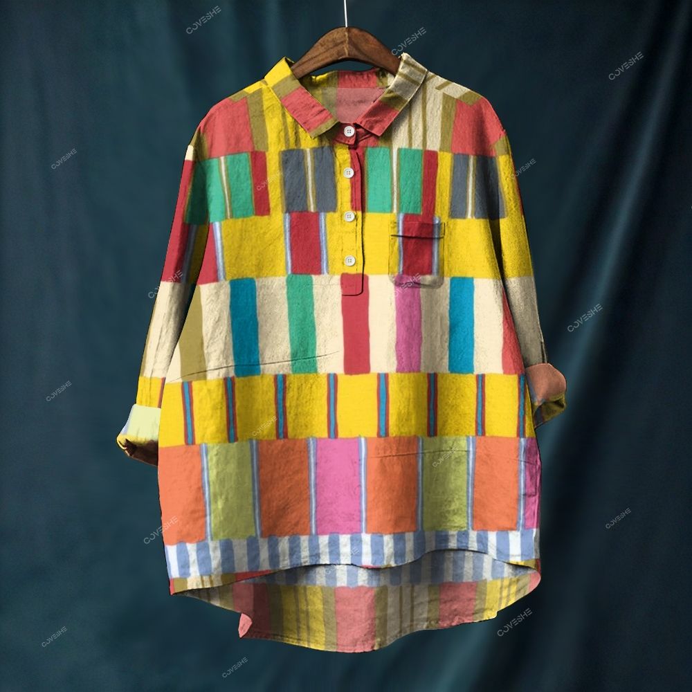 Women's Colorful Geometric Stripes Printed Casual Long Sleeve Shirt