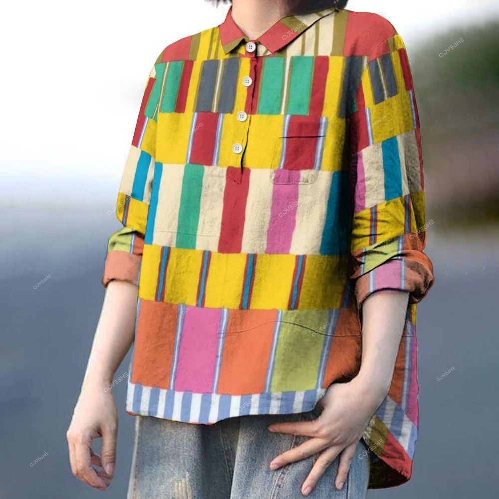 Women's Colorful Geometric Stripes Printed Casual Long Sleeve Shirt