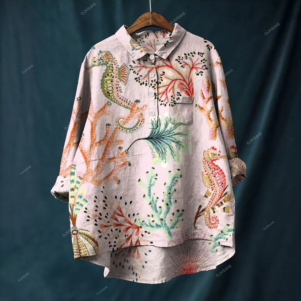 Women's Seahorse Coral Printed Casual Long Sleeve Shirt