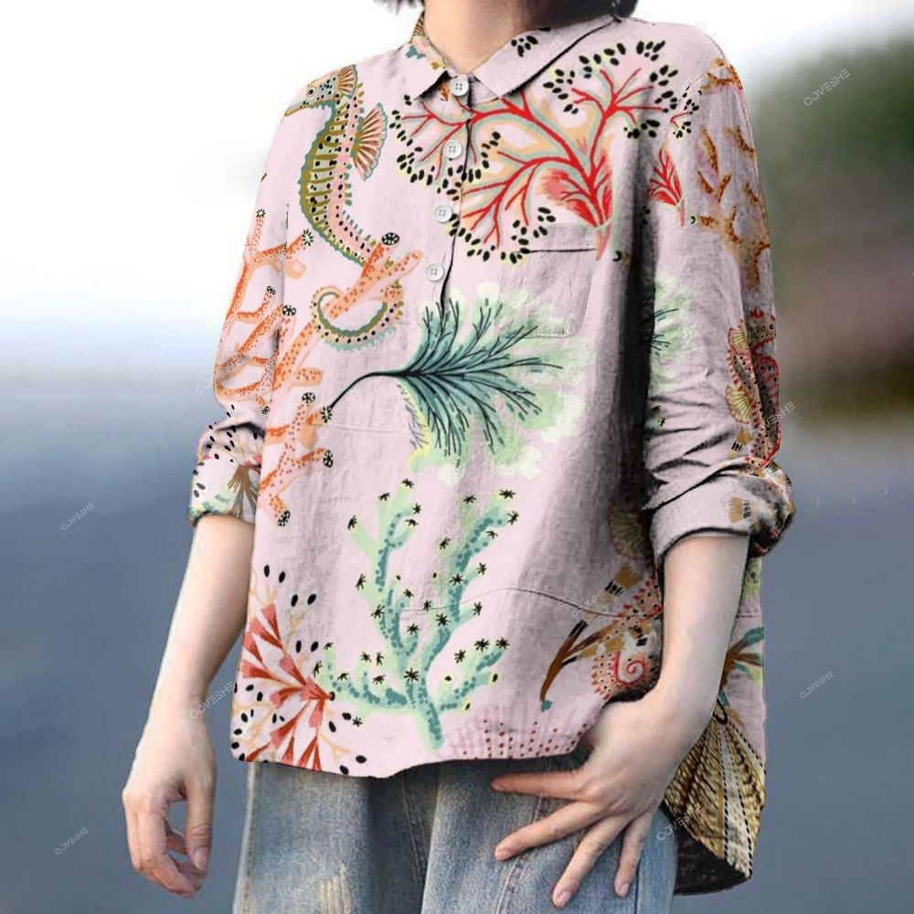 Women's Seahorse Coral Printed Casual Long Sleeve Shirt