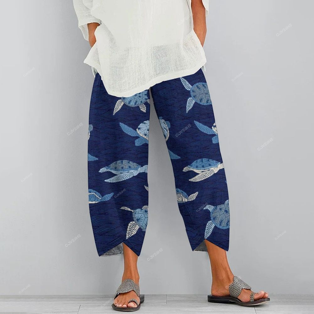 Women's Casual Waves Retro Turtle Printed Pants