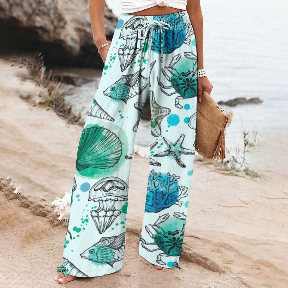 Women's Wide Leg Casual Shell Starfish Printed Pants