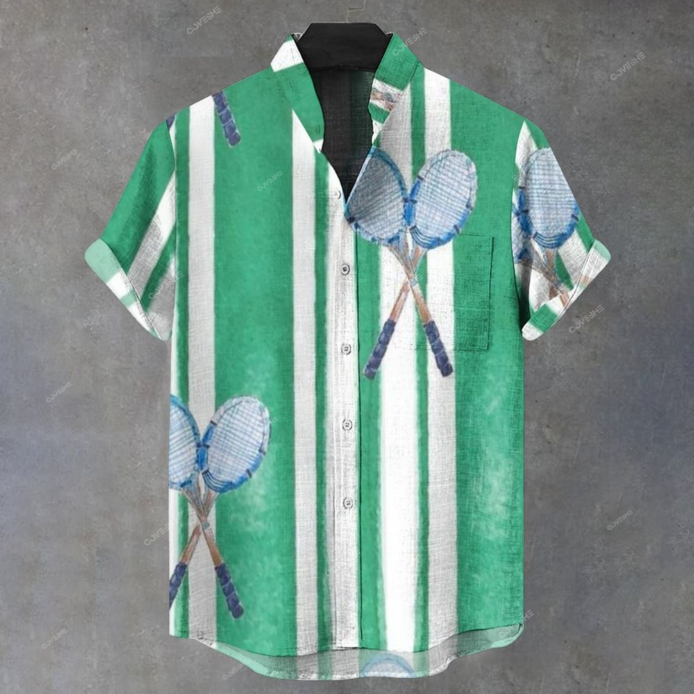 Men's Stand Collar Stripes Badminton Racket Printed Short Sleeve Shirt