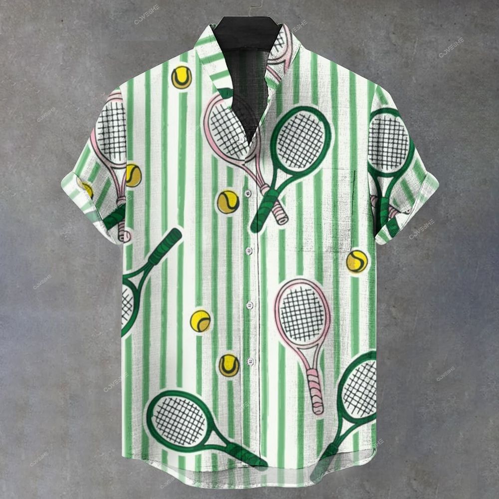 Men's Stand Collar Stripes Tennis Racket Printed Short Sleeve Shirt