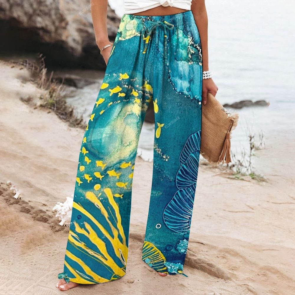 Women's Wide Leg Casual Fish Coral Printed Pants