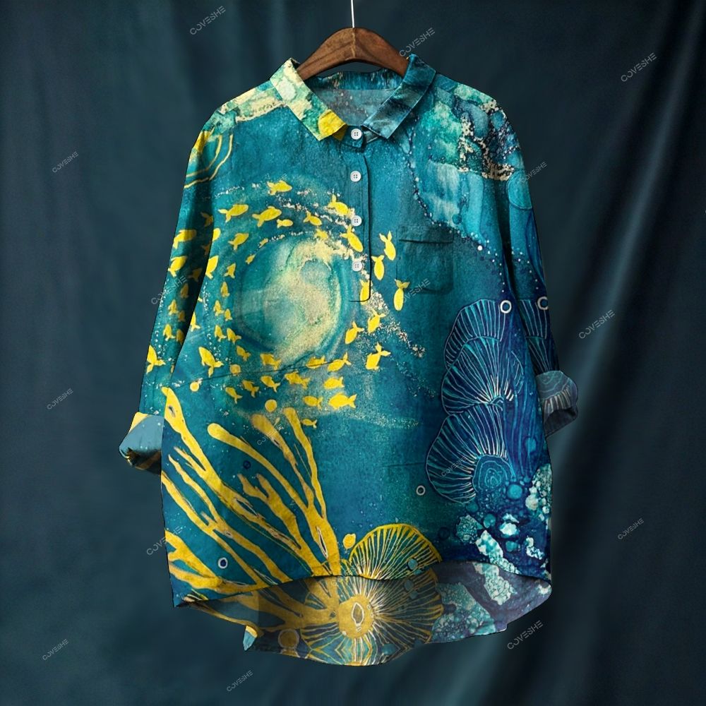 Women's Fish Coral Printed Casual Long Sleeve Shirt