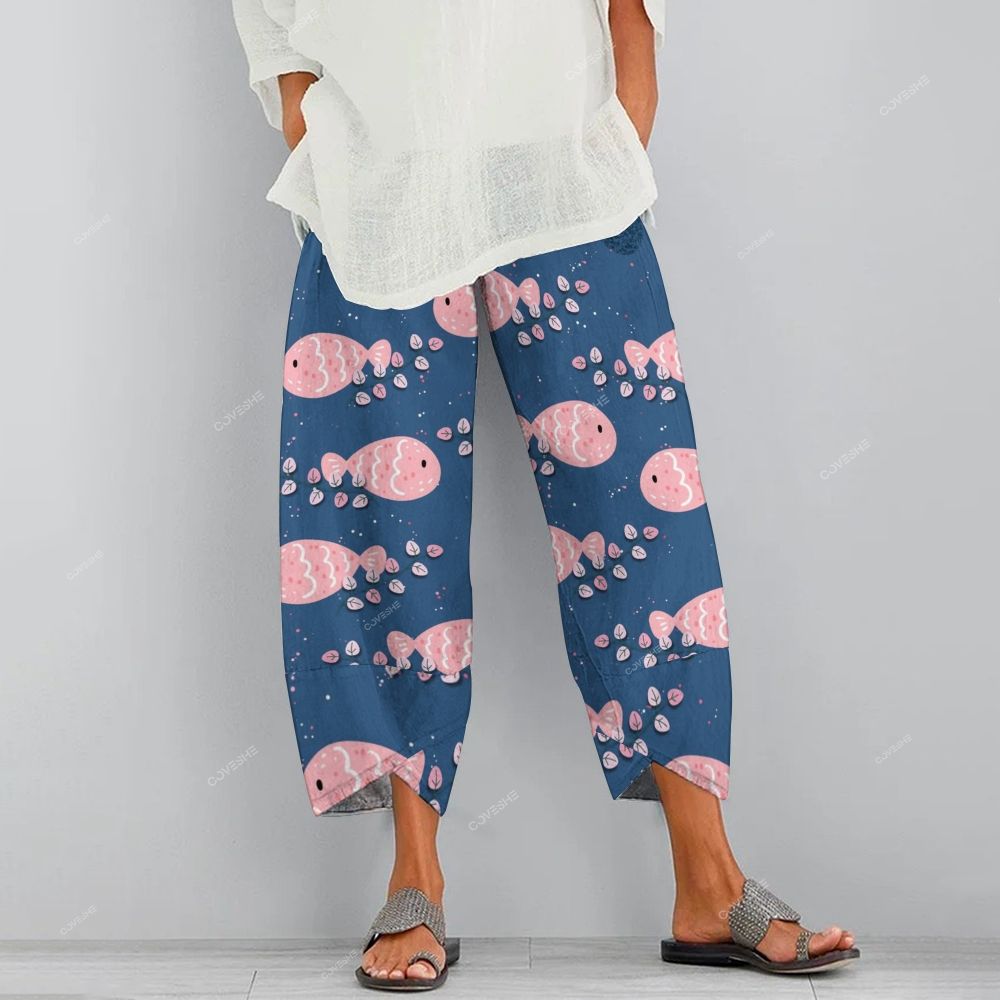 Women's Casual Pink Cartoon Fish Printed Pants