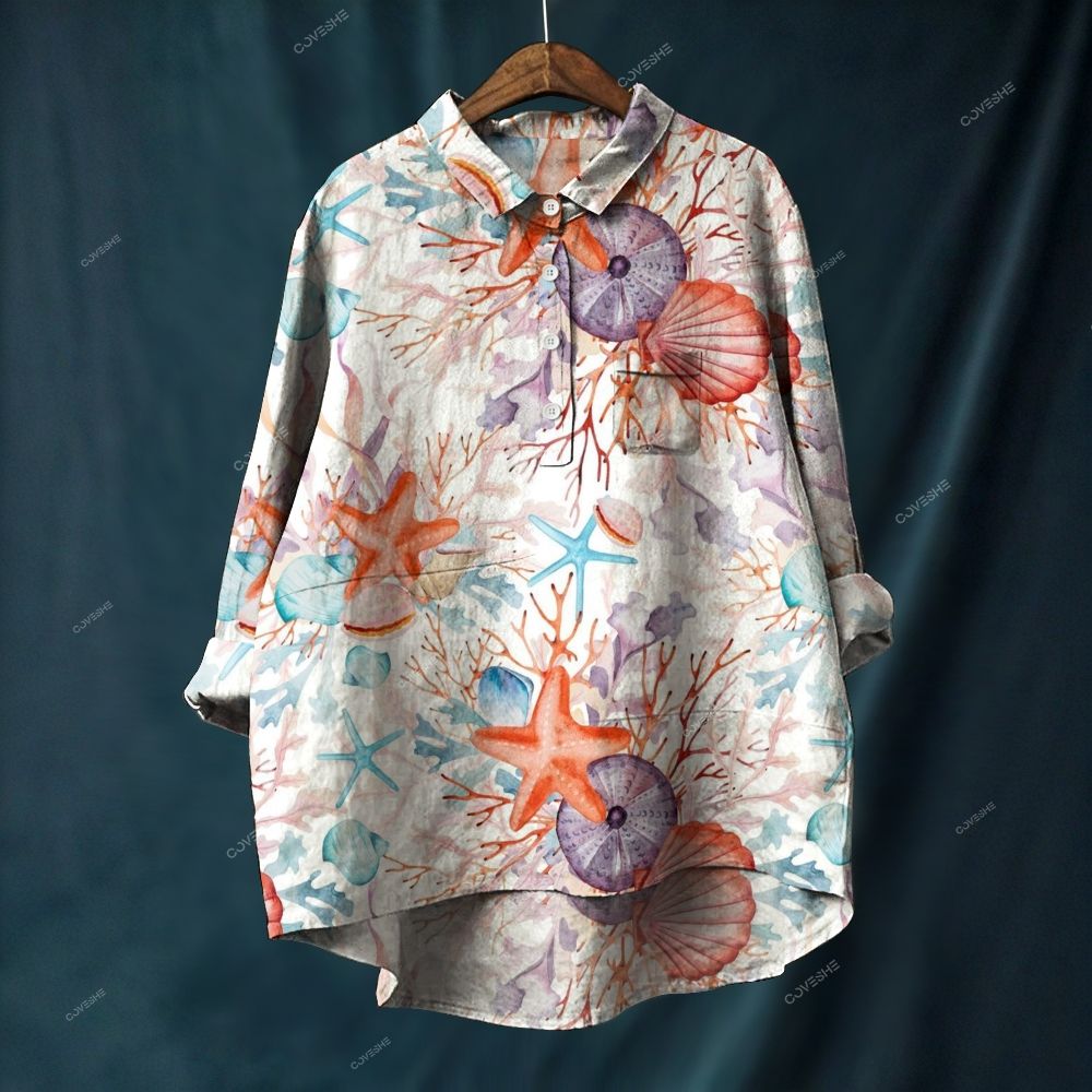 Women's Coral Shell Printed Casual Long Sleeve Shirt
