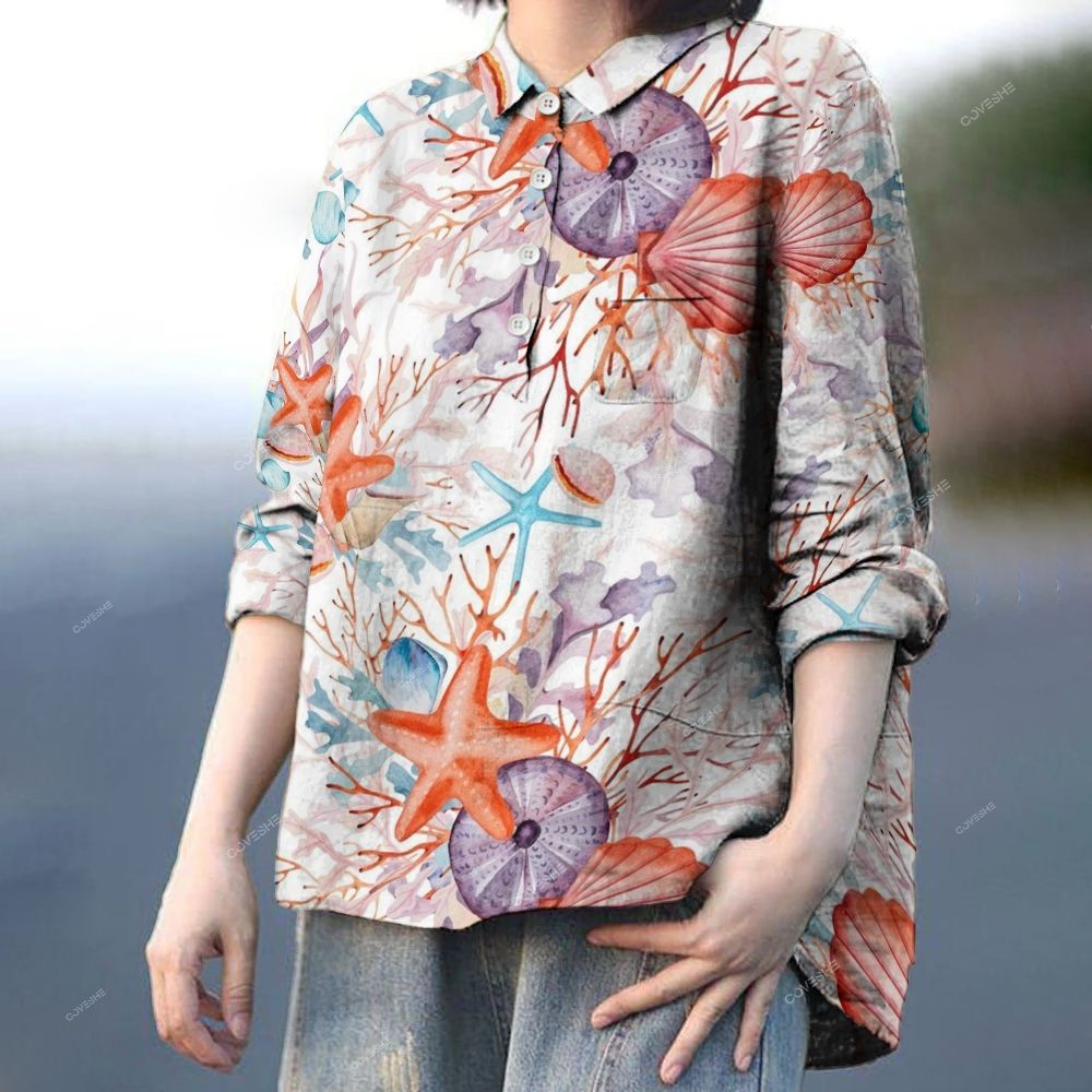 Women's Coral Shell Printed Casual Long Sleeve Shirt