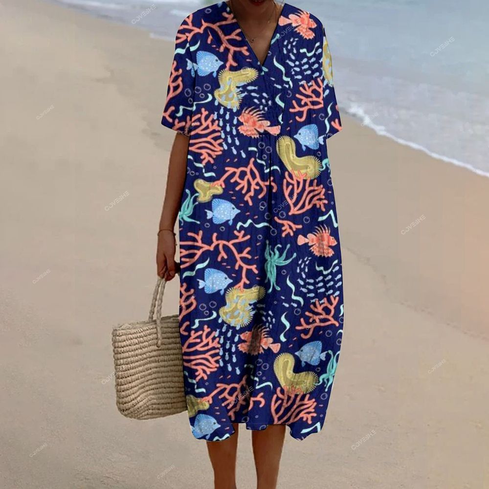 Women's Coral Fish Printed Flowy Dress