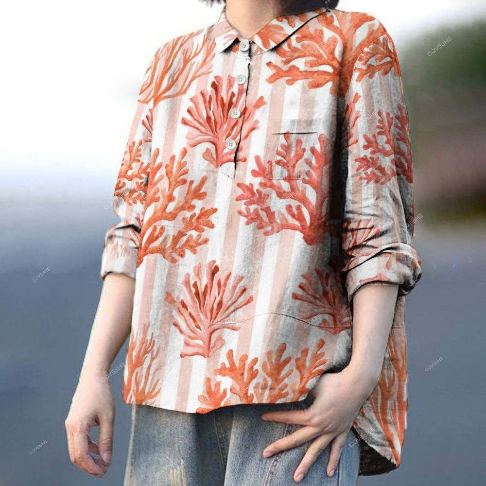Women's Striped Coral Printed Casual Long Sleeve Shirt