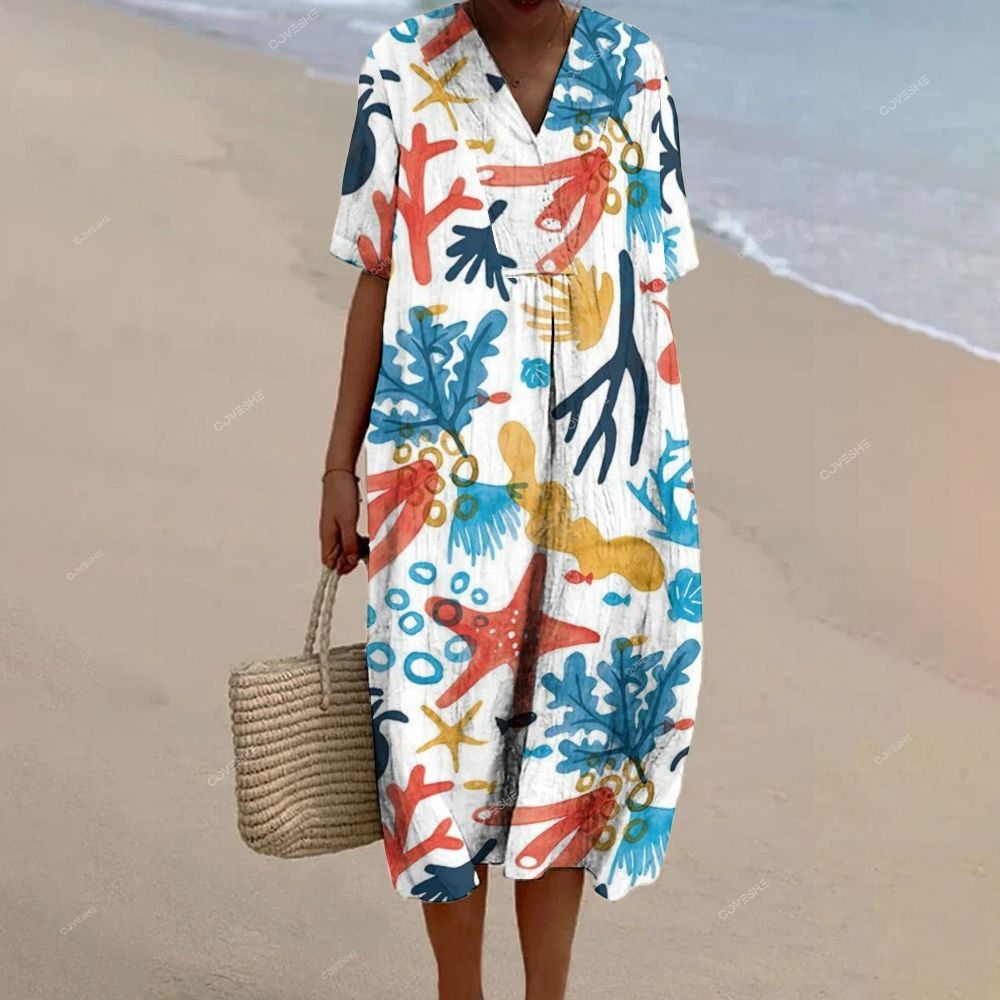 Women's Coral Starfish Printed Flowy Dress