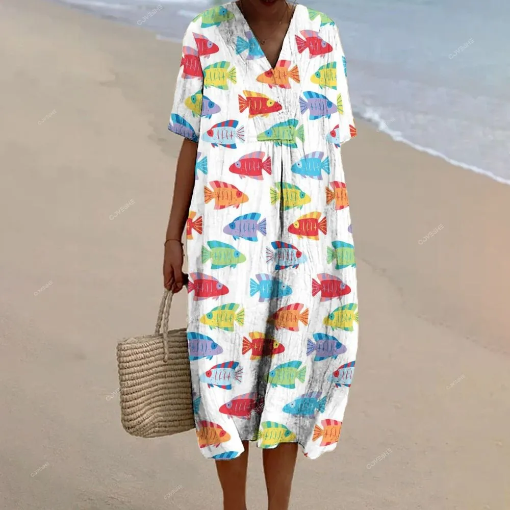 Women's Wide Leg Casual Colorful Geometric Fish Printed Pants