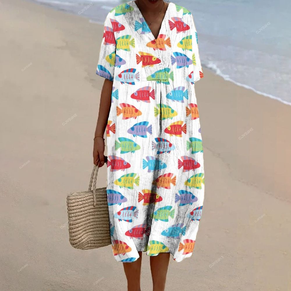 Women's Colorful Geometric Fish Printed Flowy Dress