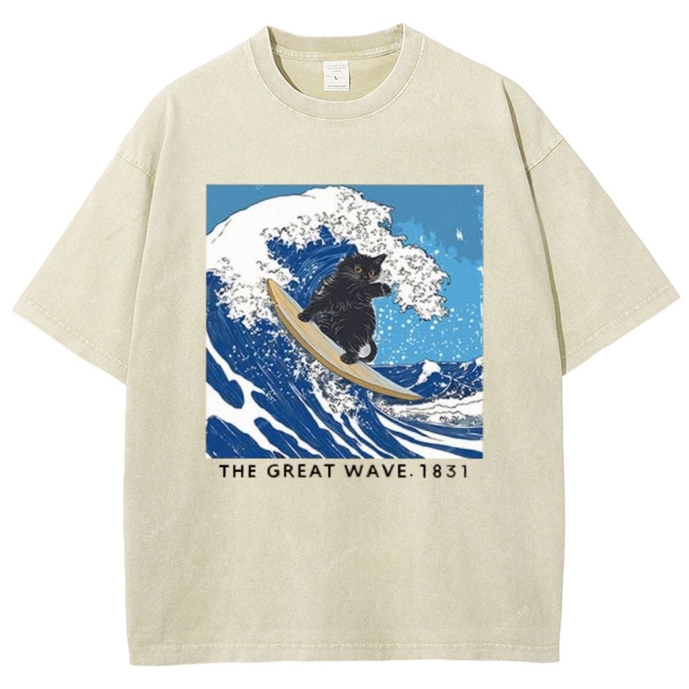 Unisex The Great Wave Printed Washed Tee