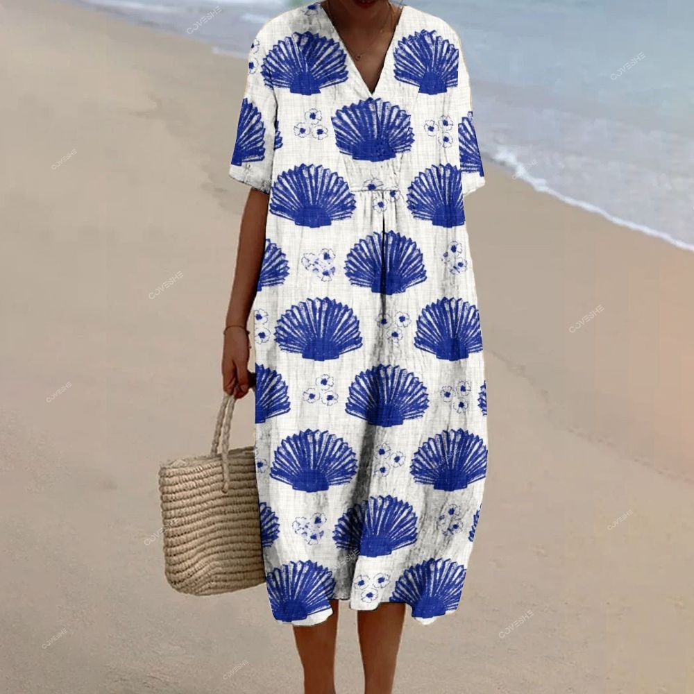 Women's Retro Shell Flower Printed Flowy Dress