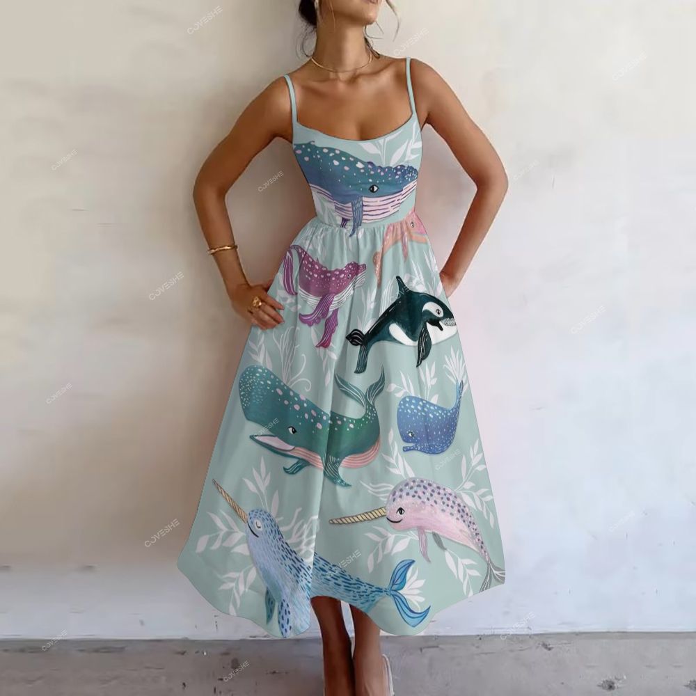 Women's Colorful Dolphin Printed Slip Dress