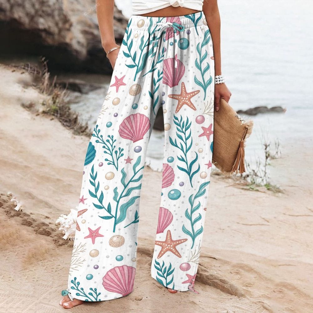 Women's Wide Leg Casual Shell Starfish Printed Pants