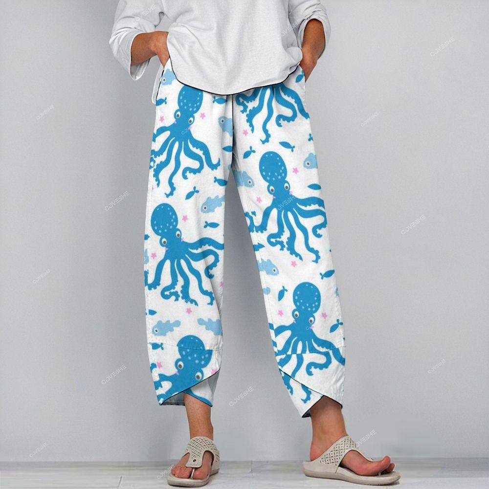 Women's Casual Cartoon Octopus Fish Printed Pants