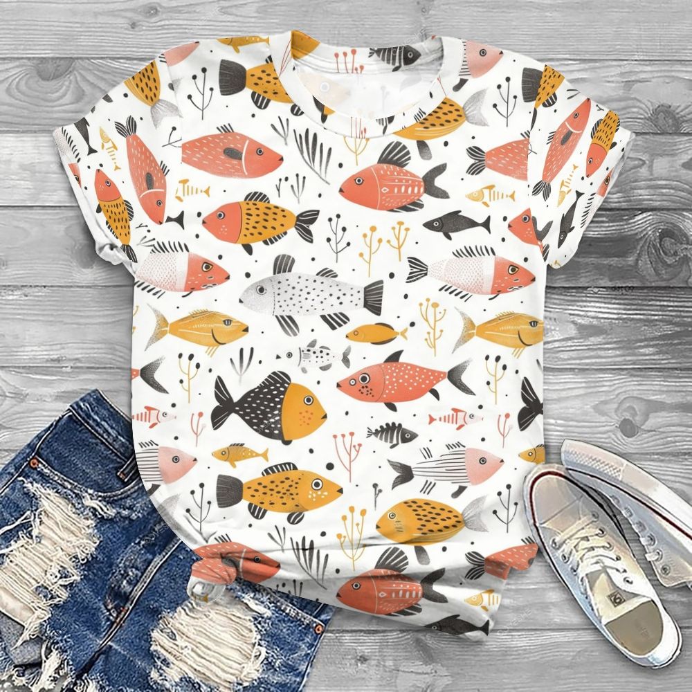 Women's Colorful Cartoon Fish Printed Round Neck T-Shirt