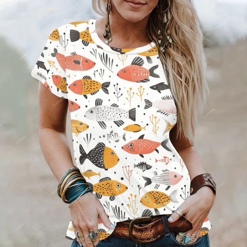Women's Colorful Cartoon Fish Printed Round Neck T-Shirt