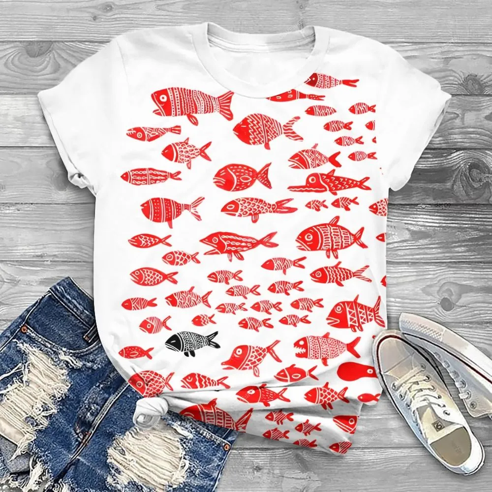 Women's Vintage Red Fish Printed Casual Long Sleeve Shirt