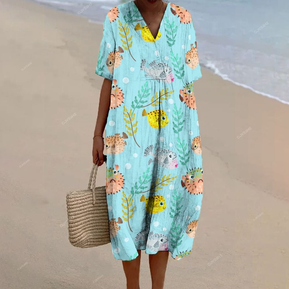 Women's Artistic Cartoon Fish Printed Flowy Dress