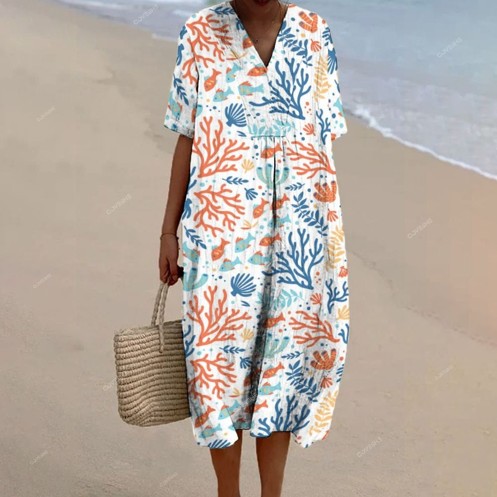 Women's Coral Fish Printed Flowy Dress