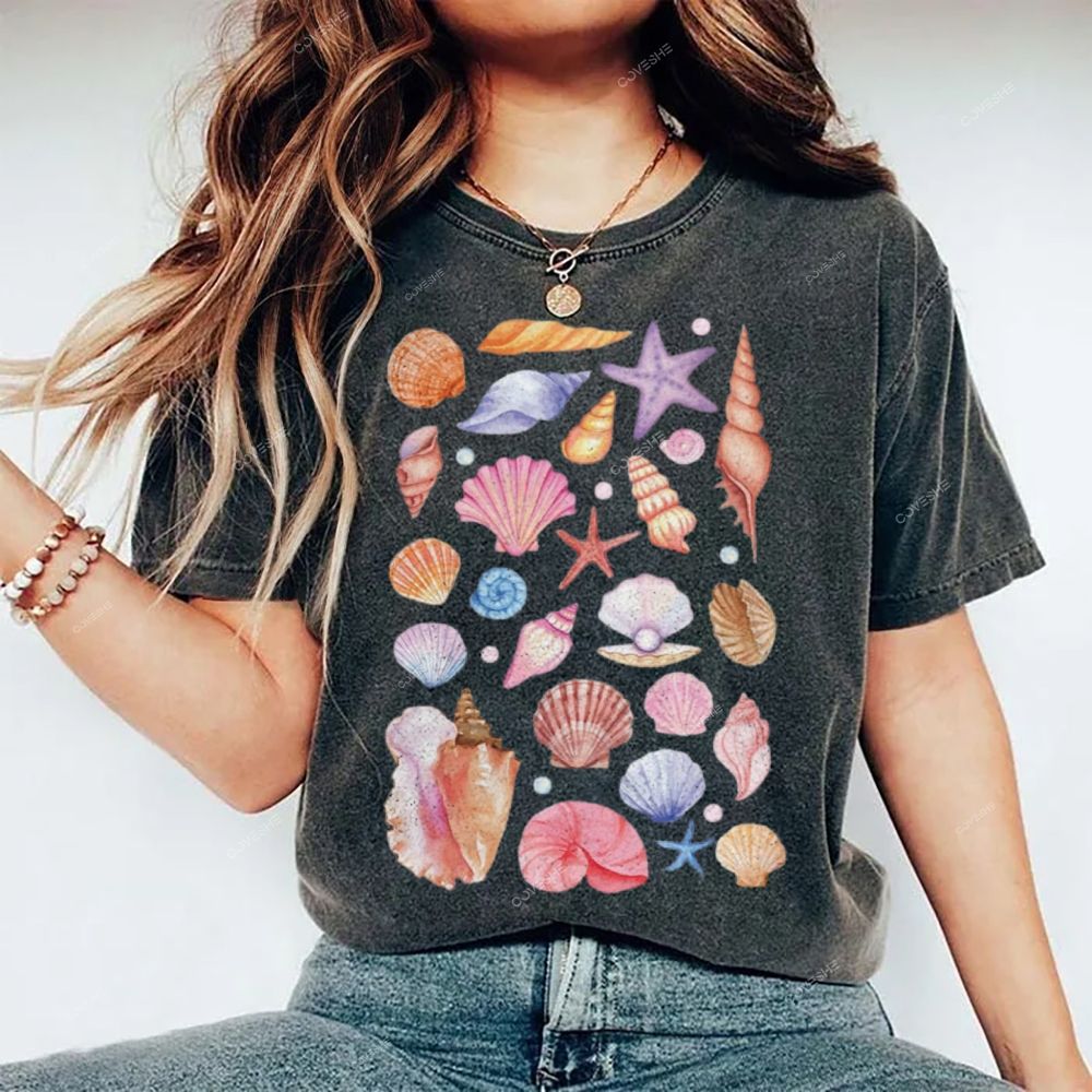 Unisex Colorful Shells Printed Washed Tee