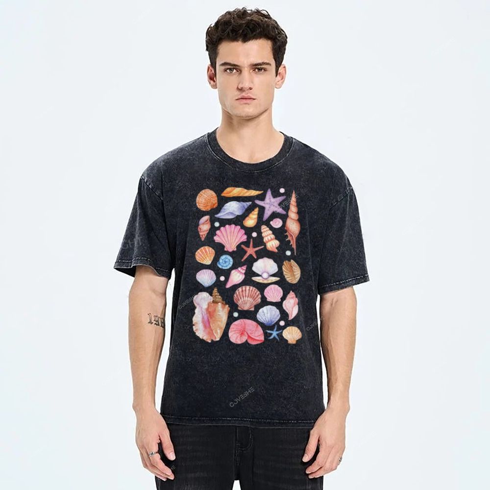 Unisex Colorful Shells Printed Washed Tee