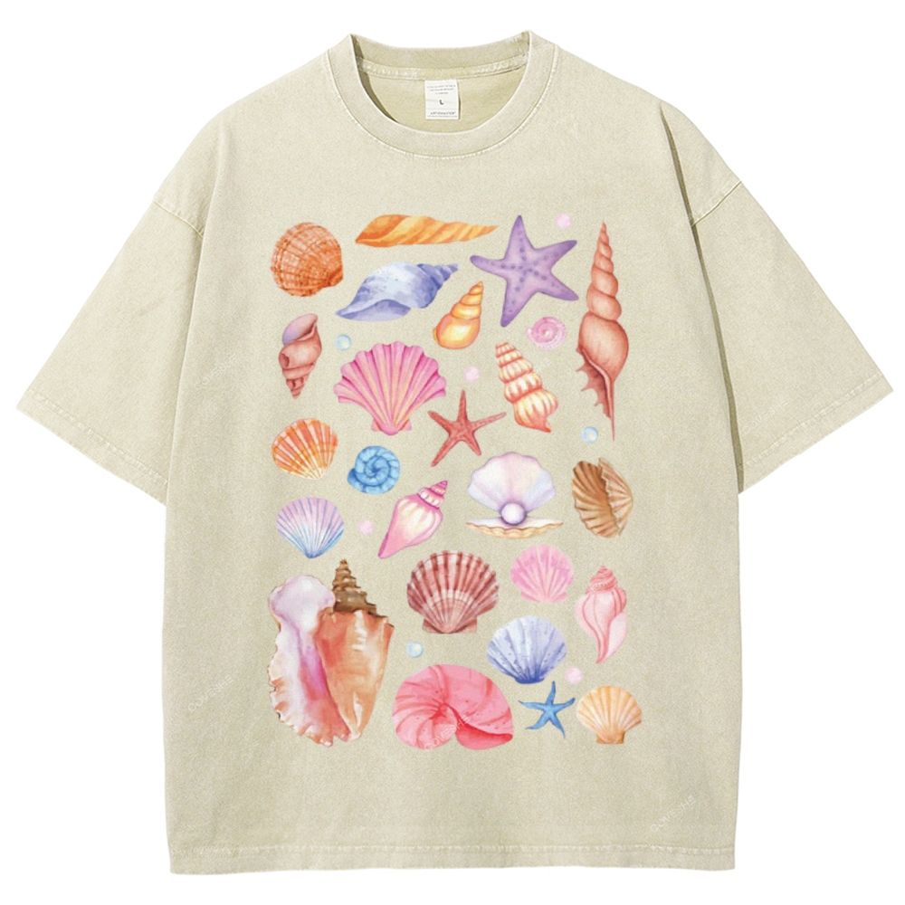 Unisex Colorful Shells Printed Washed Tee