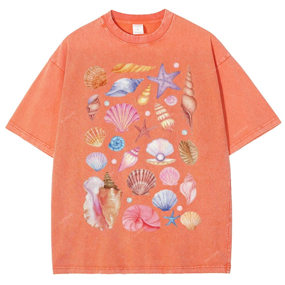 Unisex Colorful Shells Printed Washed Tee
