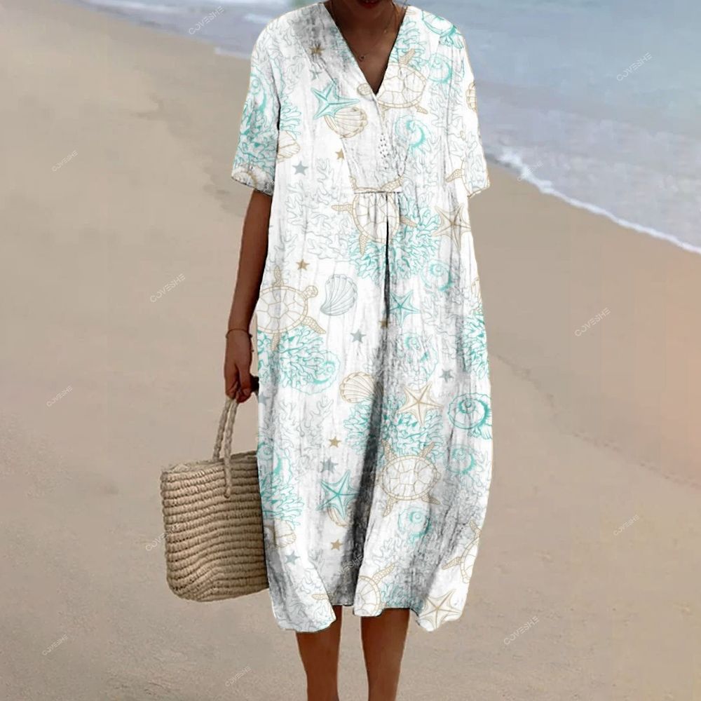 Women's Turtle Corals Printed Flowy Dress