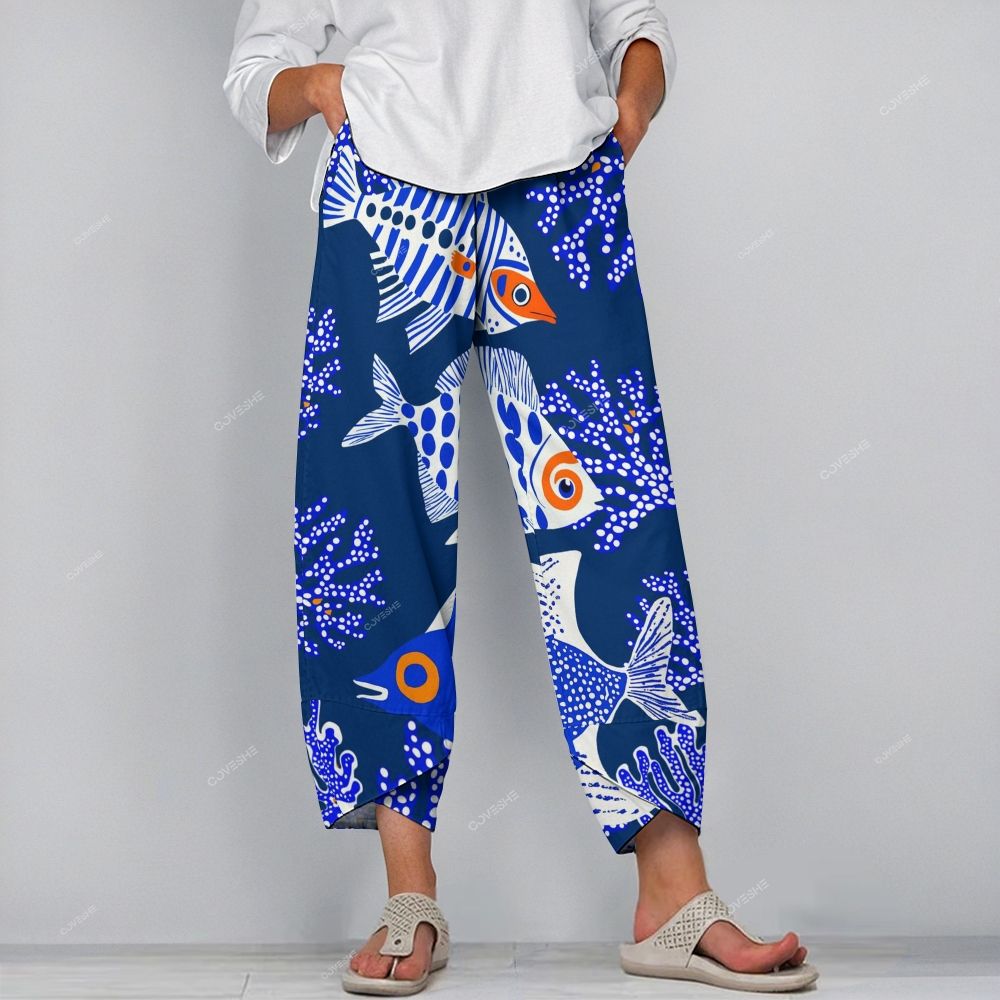 Women's Casual Coral Geometric Fish Printed Pants